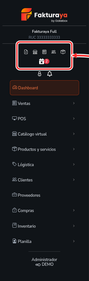 Los cinco accesos rápidos del menú lateral de FakturaYa.