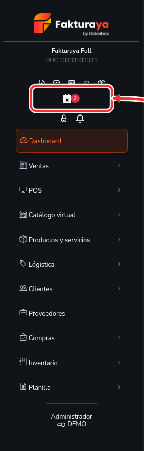 Iconos de alerta del menú lateral: productos vencidos y cuentas por pagar.