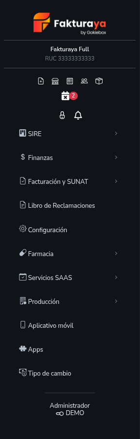 Parte inferior del menú lateral de FakturaYa con SIRE, Finanzas, Facturación y SUNAT y Configuración.