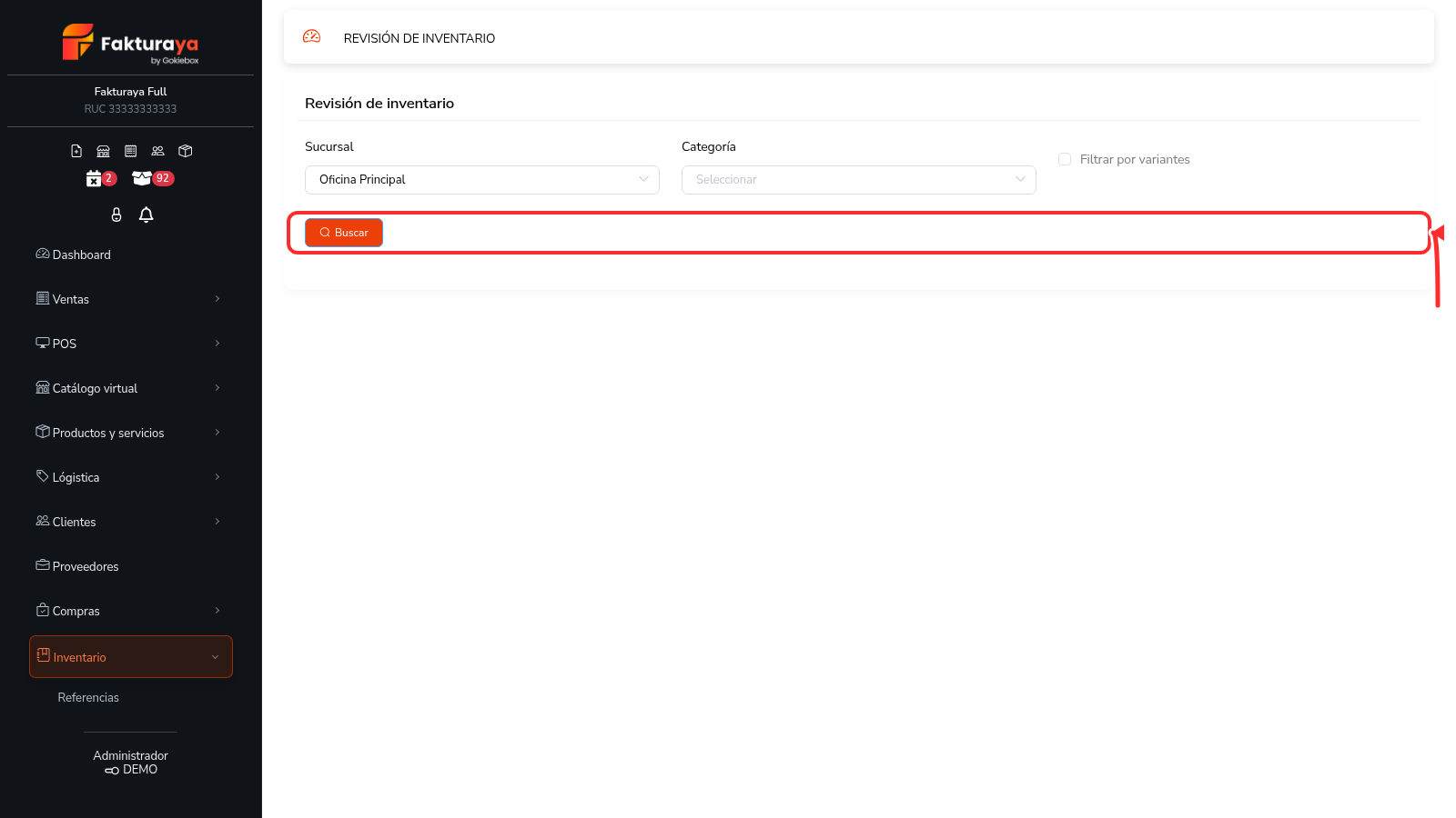 Pantalla de revisión de inventario con el selector de sucursal y categoría.