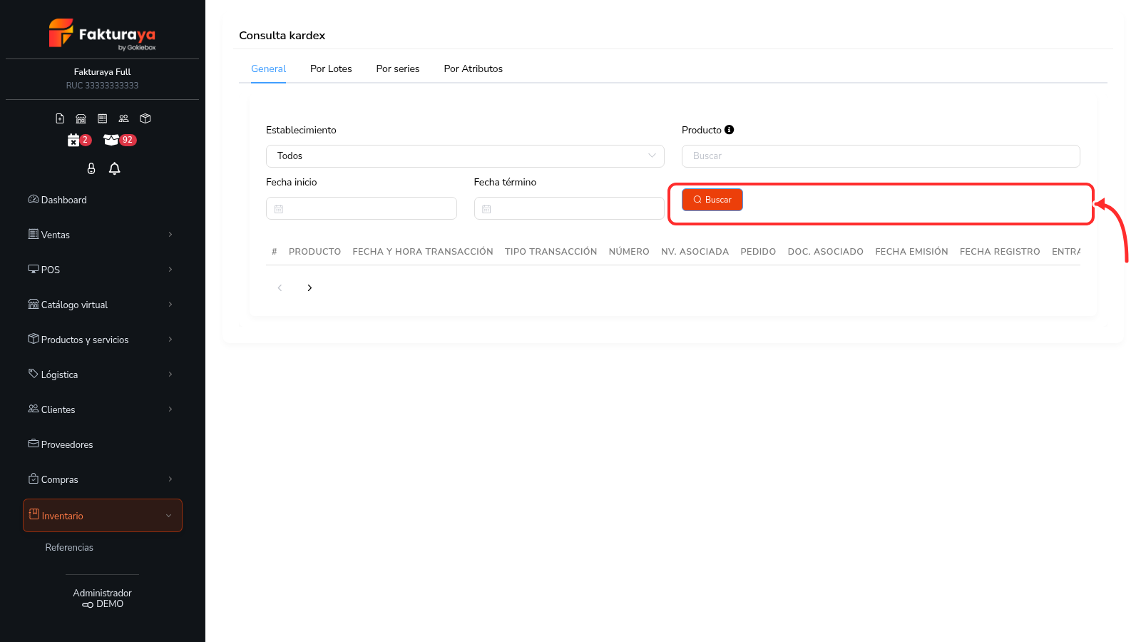 Consulta de kardex con el selector de producto abierto.