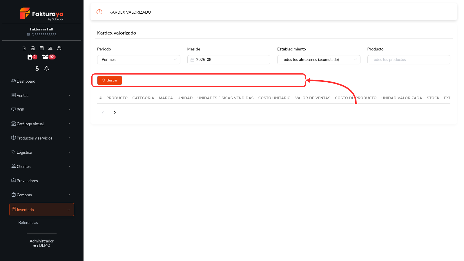 Reporte de kardex valorizado con las columnas de entradas, salidas y saldo final.