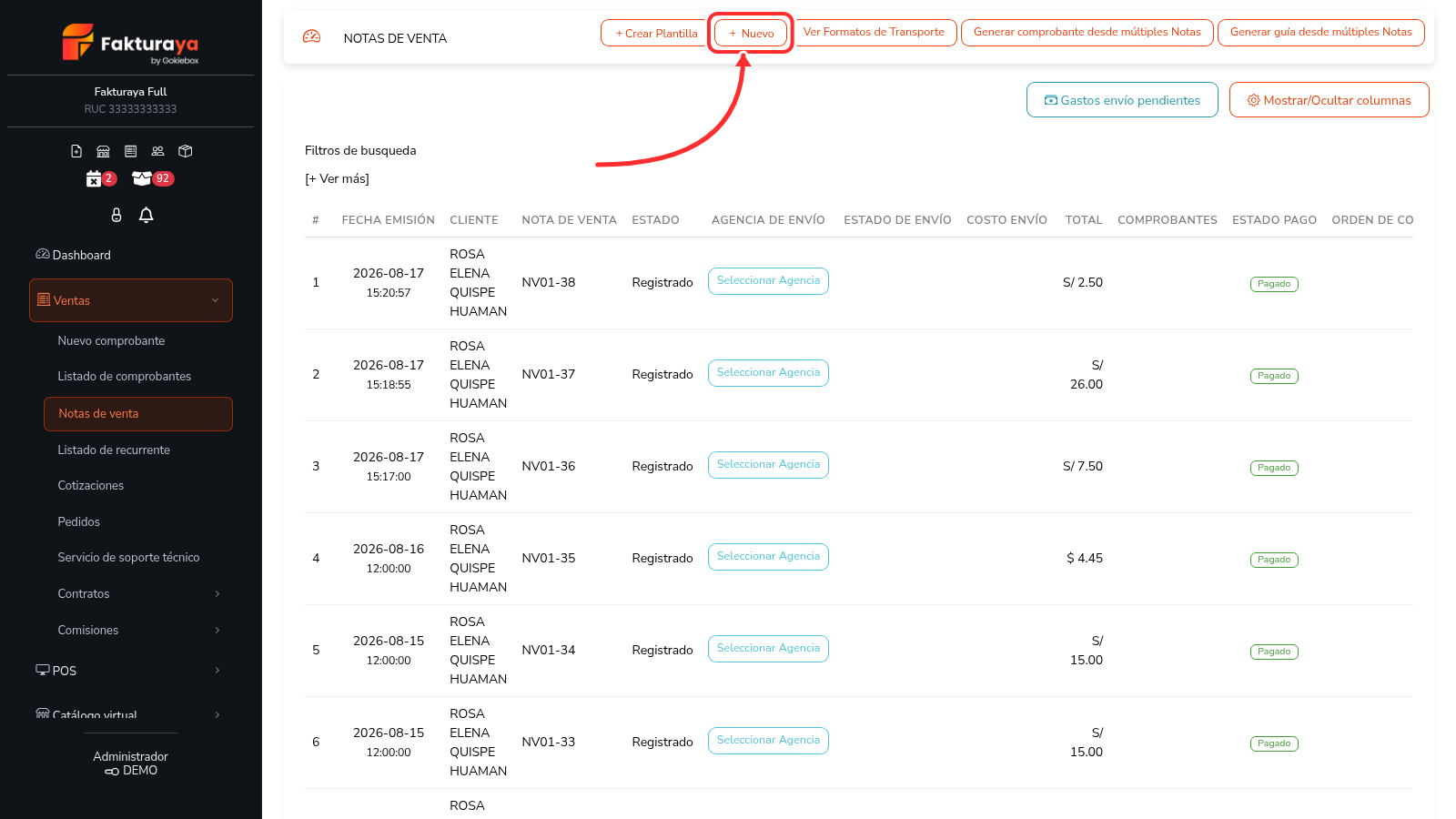 Listado de notas de venta con el botón Nuevo señalado.