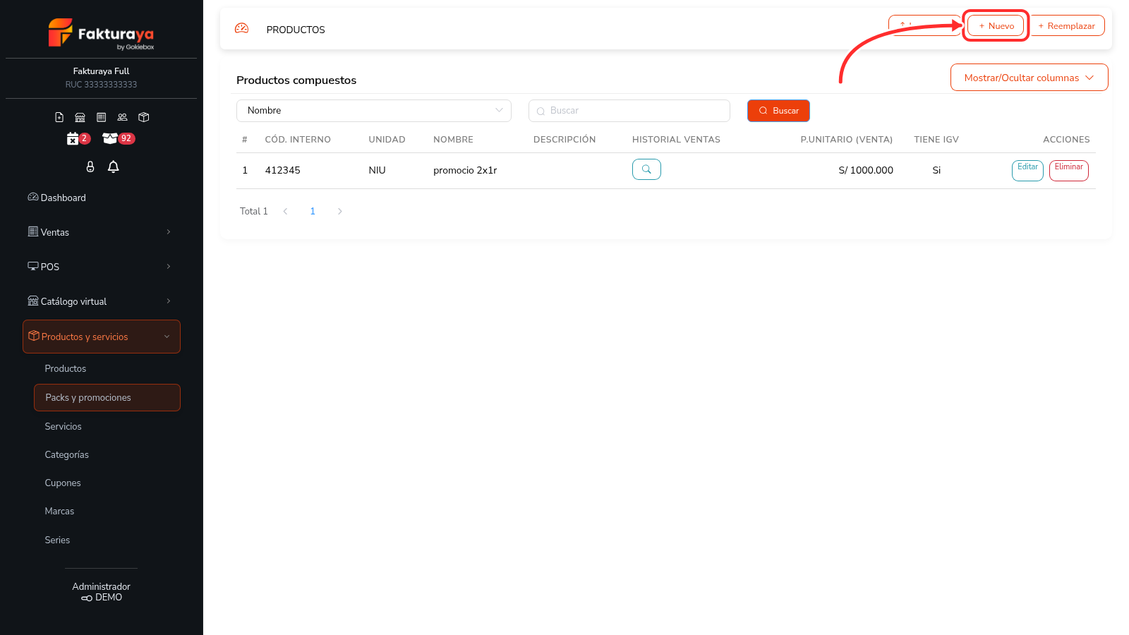 Listado de productos compuestos con el botón Nuevo señalado.