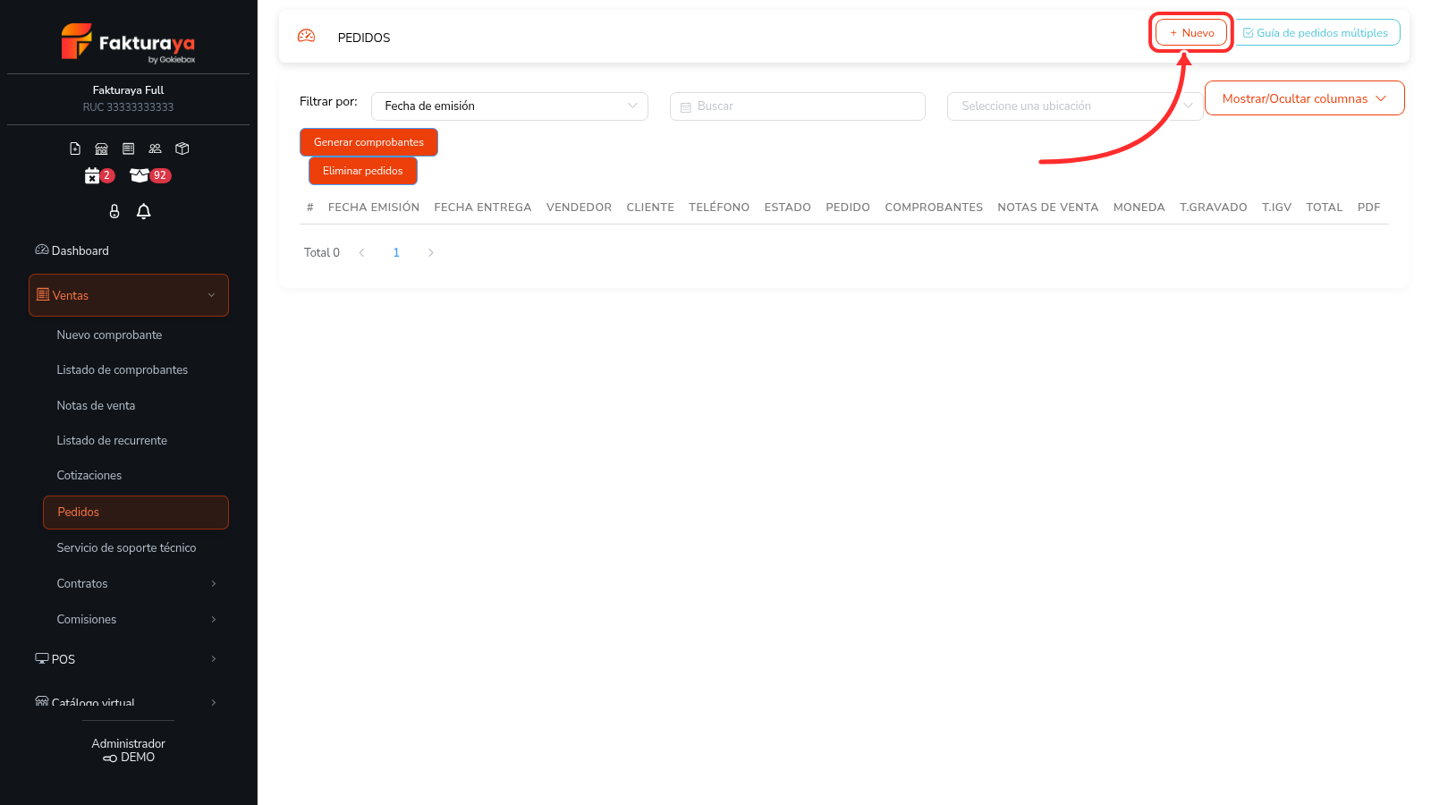 Listado de pedidos con el botón Nuevo señalado.