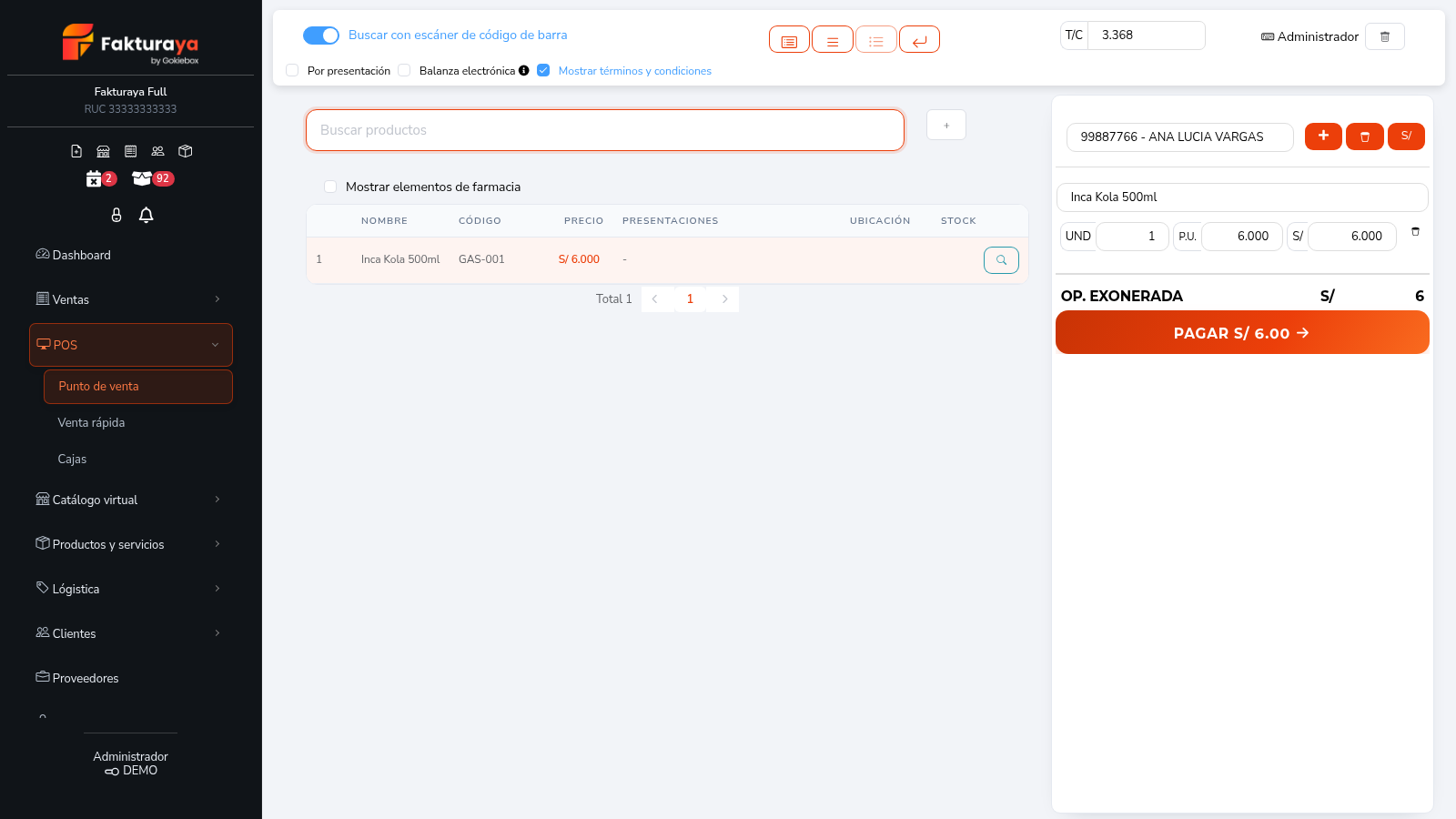 Punto de venta con productos agregados y el selector de cliente.
