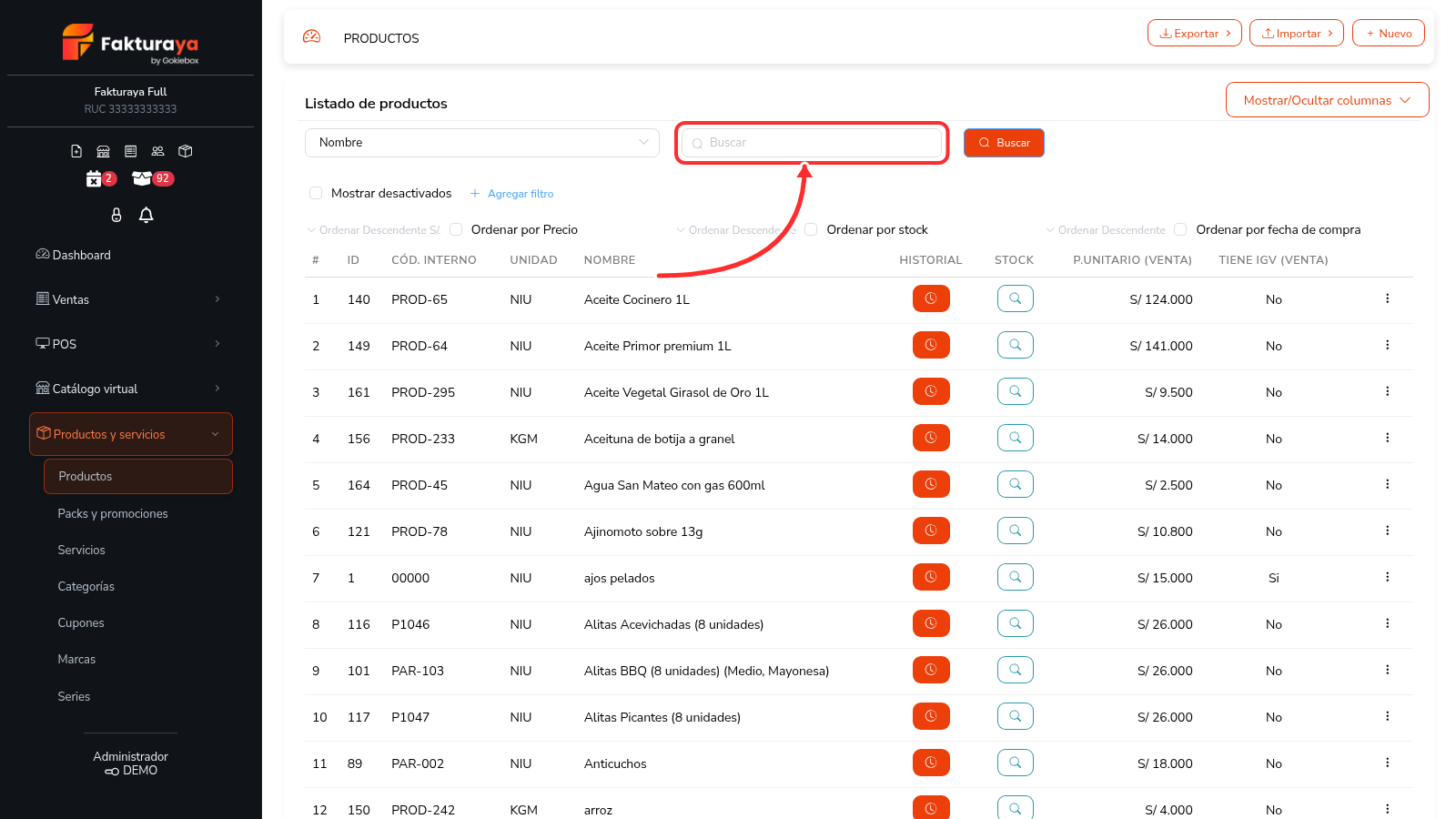 Buscador y filtros del listado de productos.