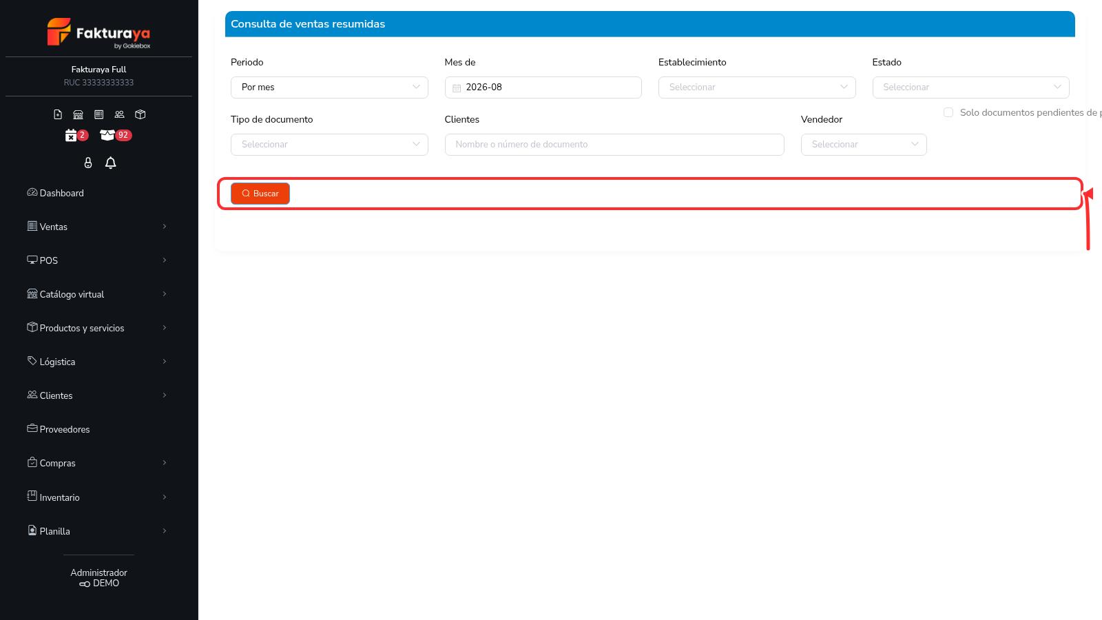 Reporte de ventas resumidas con sus filtros y los botones de exportar a PDF y Excel.