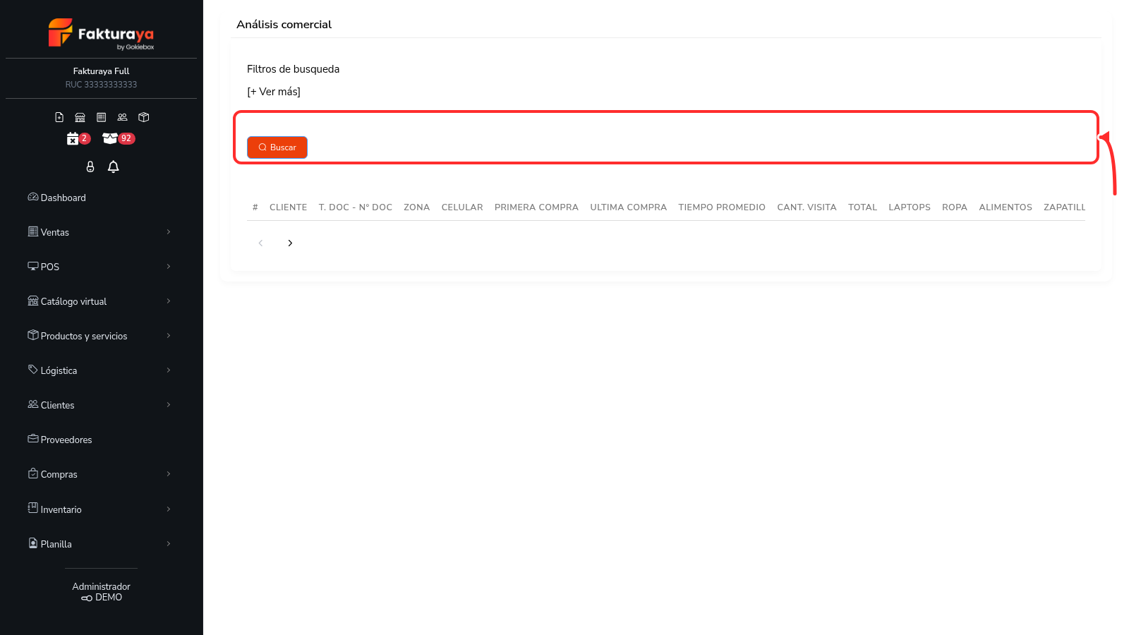 Reporte de análisis comercial con datos por cliente.