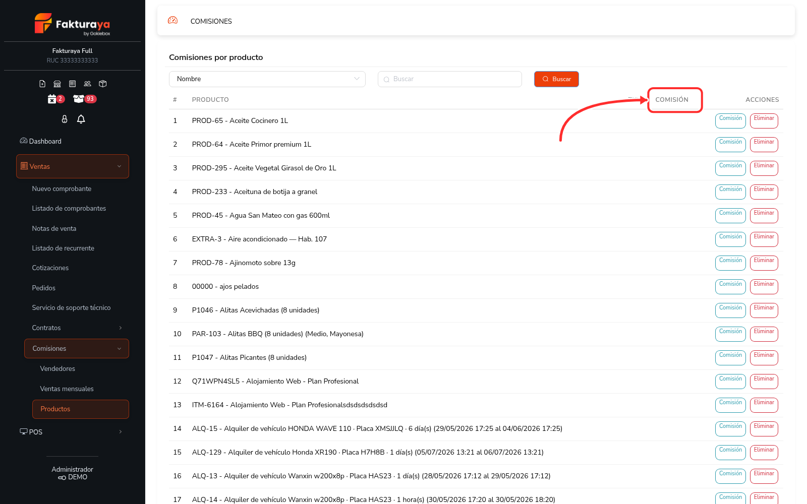 Listado de productos con el botón Comisión de una fila señalado.