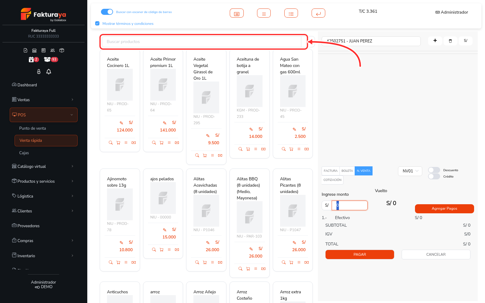 Pantalla de venta rápida con el buscador de productos señalado.