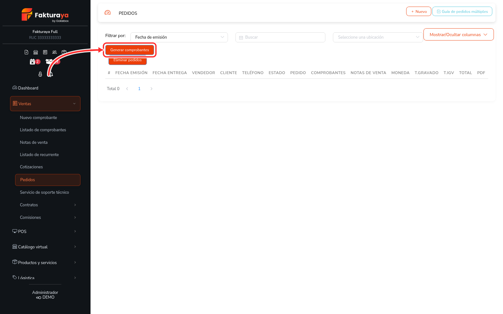 Listado de pedidos con el botón Generar comprobantes señalado.
