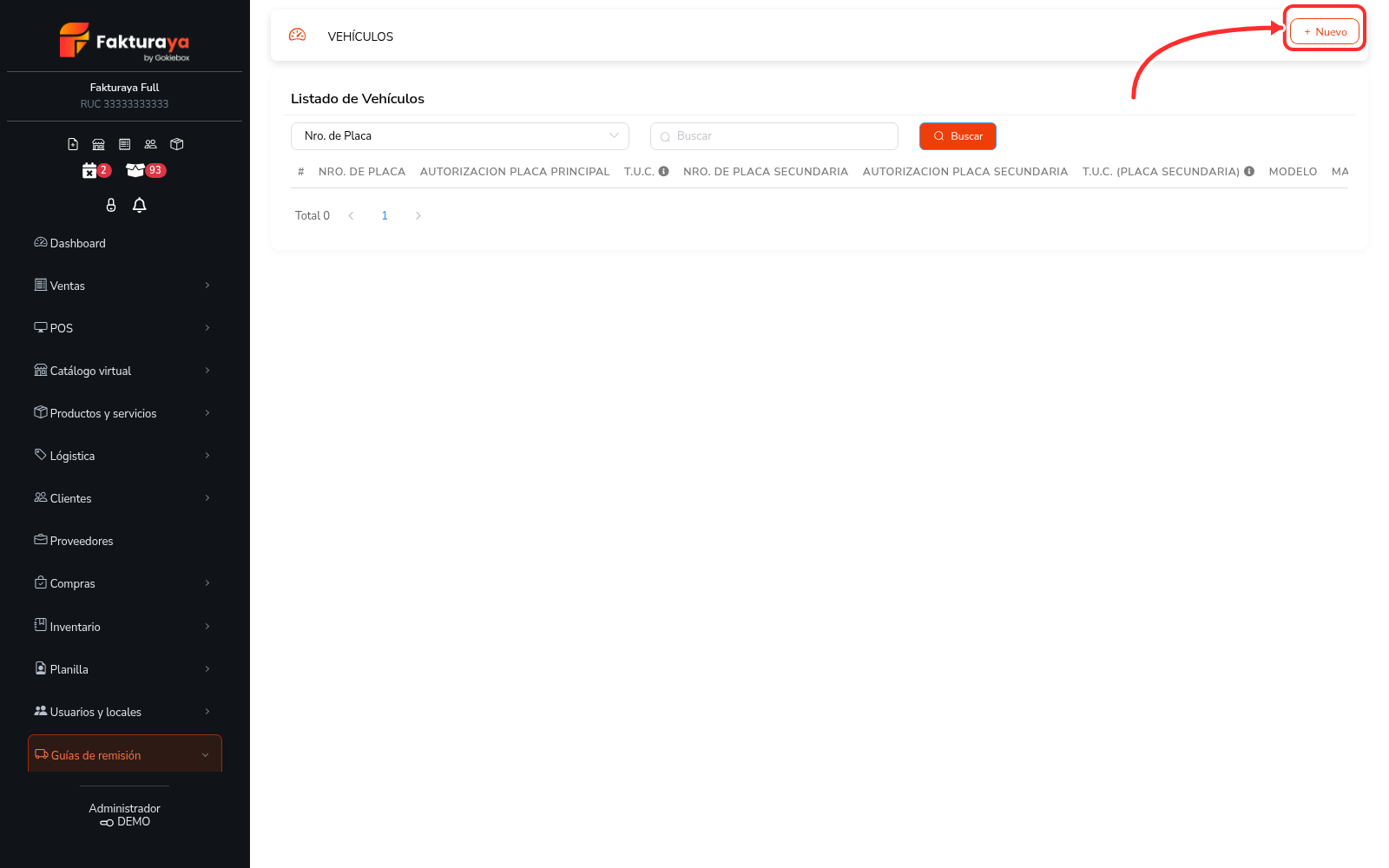Listado de vehículos con el botón Nuevo señalado.