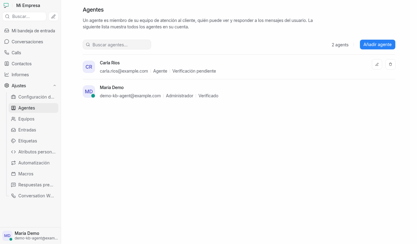 Pantalla de Ajustes, sección Agentes, con la lista del equipo