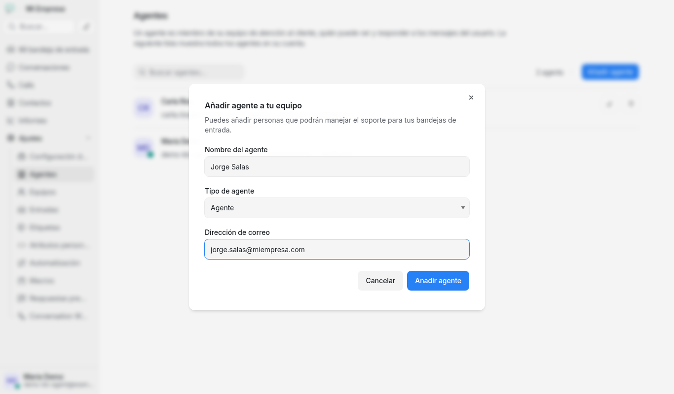 Formulario para añadir un agente con nombre, tipo y correo