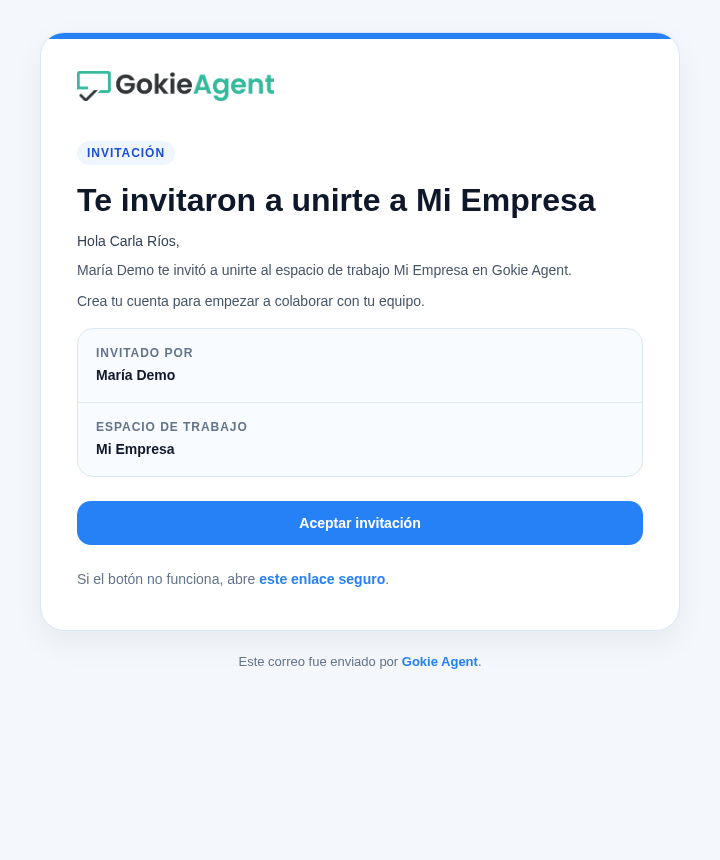Correo de invitación que recibe el agente