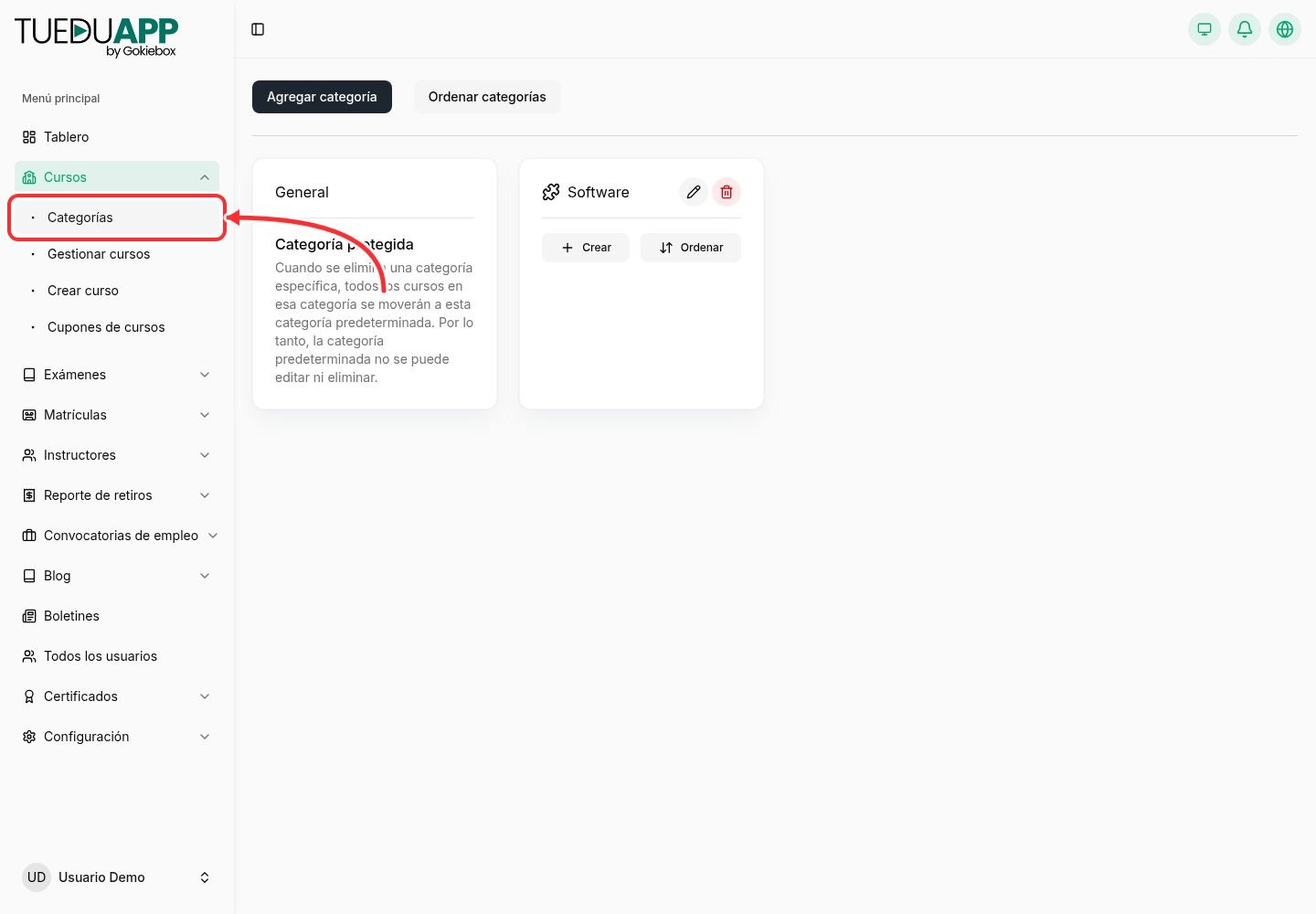 Opción Categorías dentro del menú Cursos del panel de TuEduApp señalada con una flecha