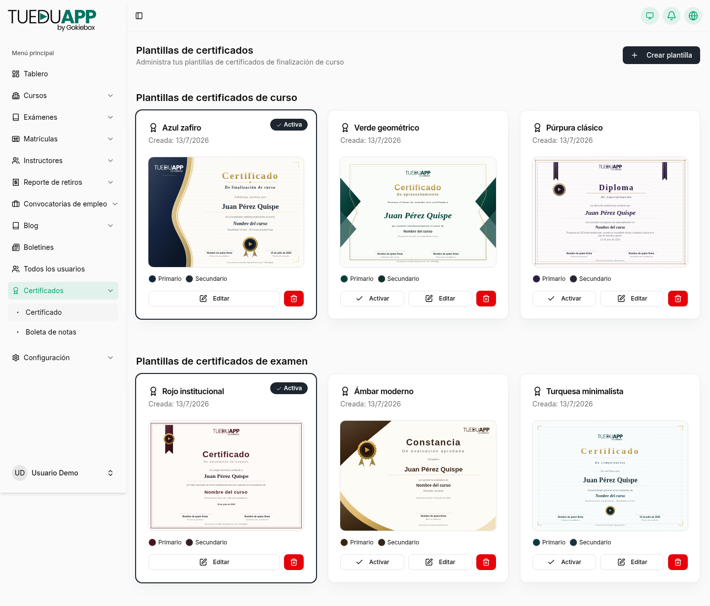 Pantalla de plantillas de certificados con seis diseños y sus miniaturas