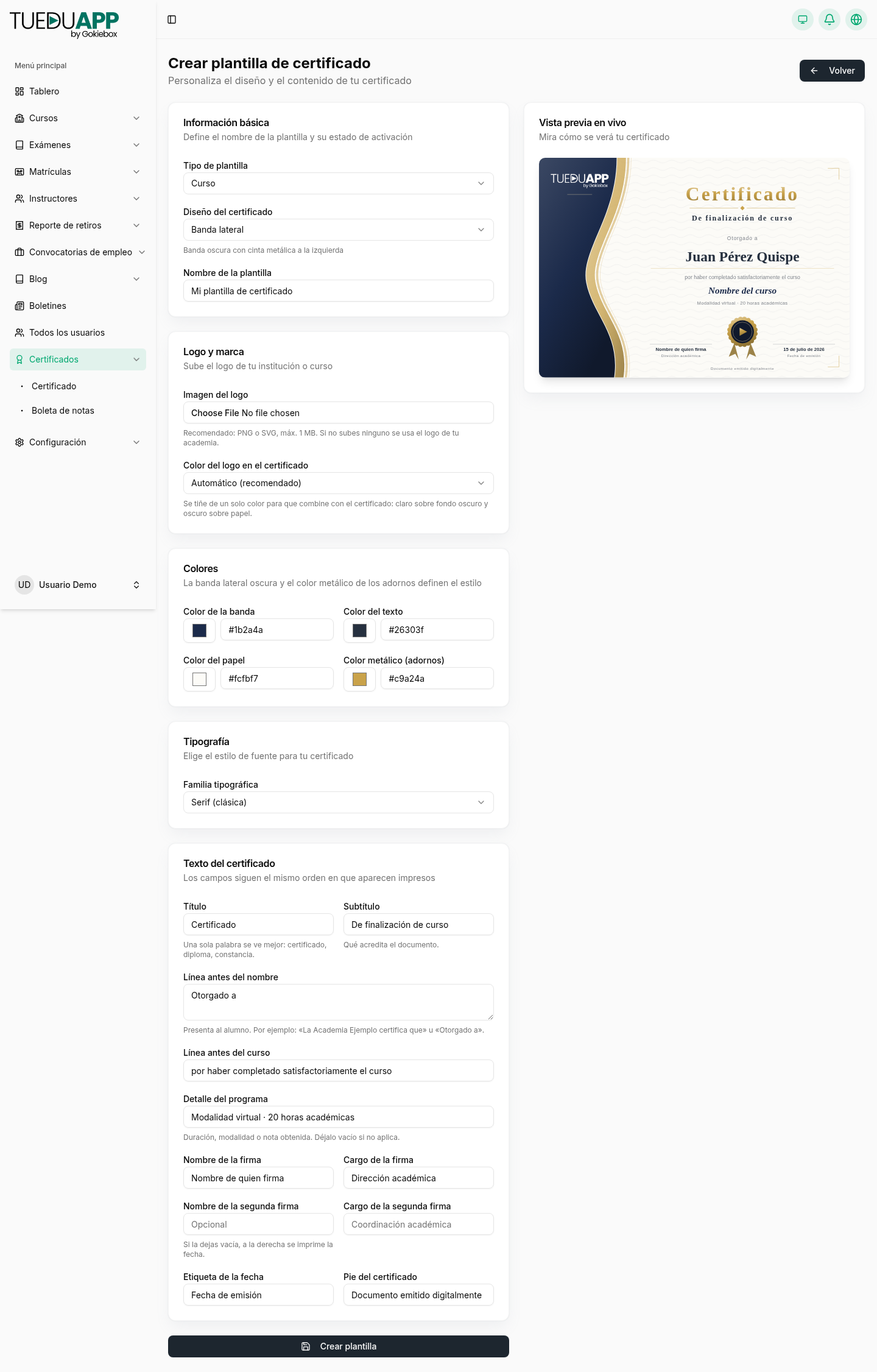 Constructor de plantilla de certificado con su vista previa