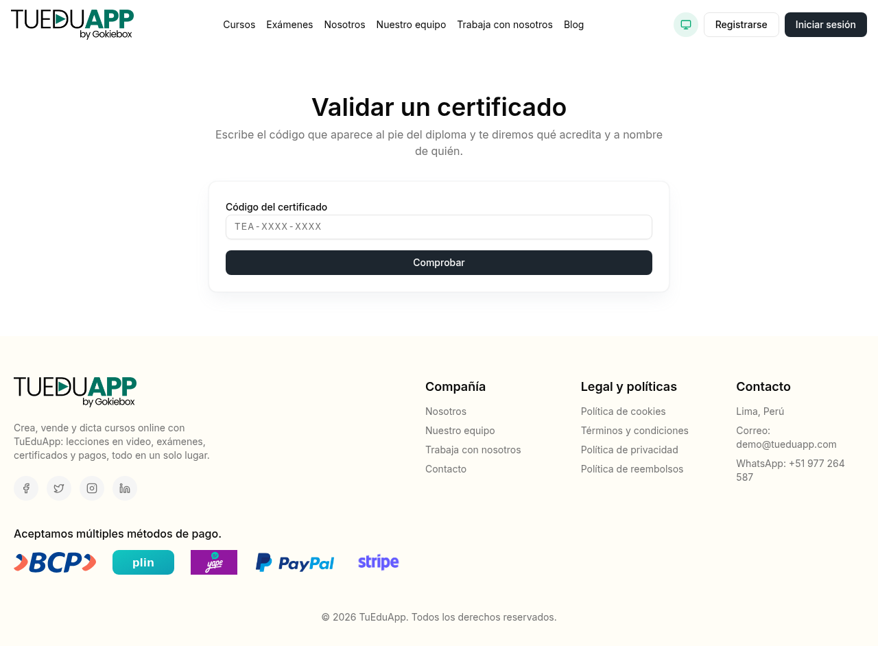 Página pública para validar un certificado con su código