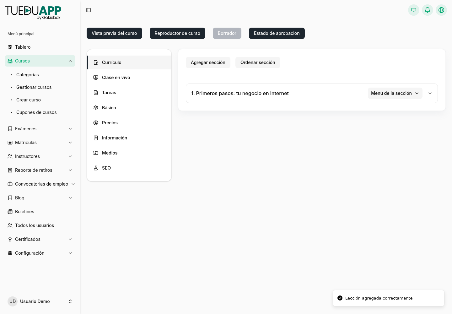 Aviso de lección agregada correctamente en el editor del curso