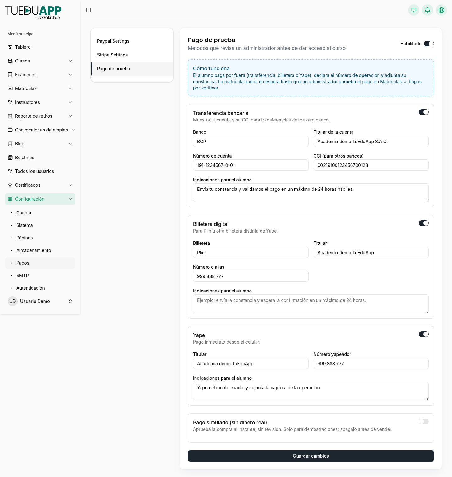 Configuración de los métodos de cobro: transferencia bancaria, billetera digital y Yape