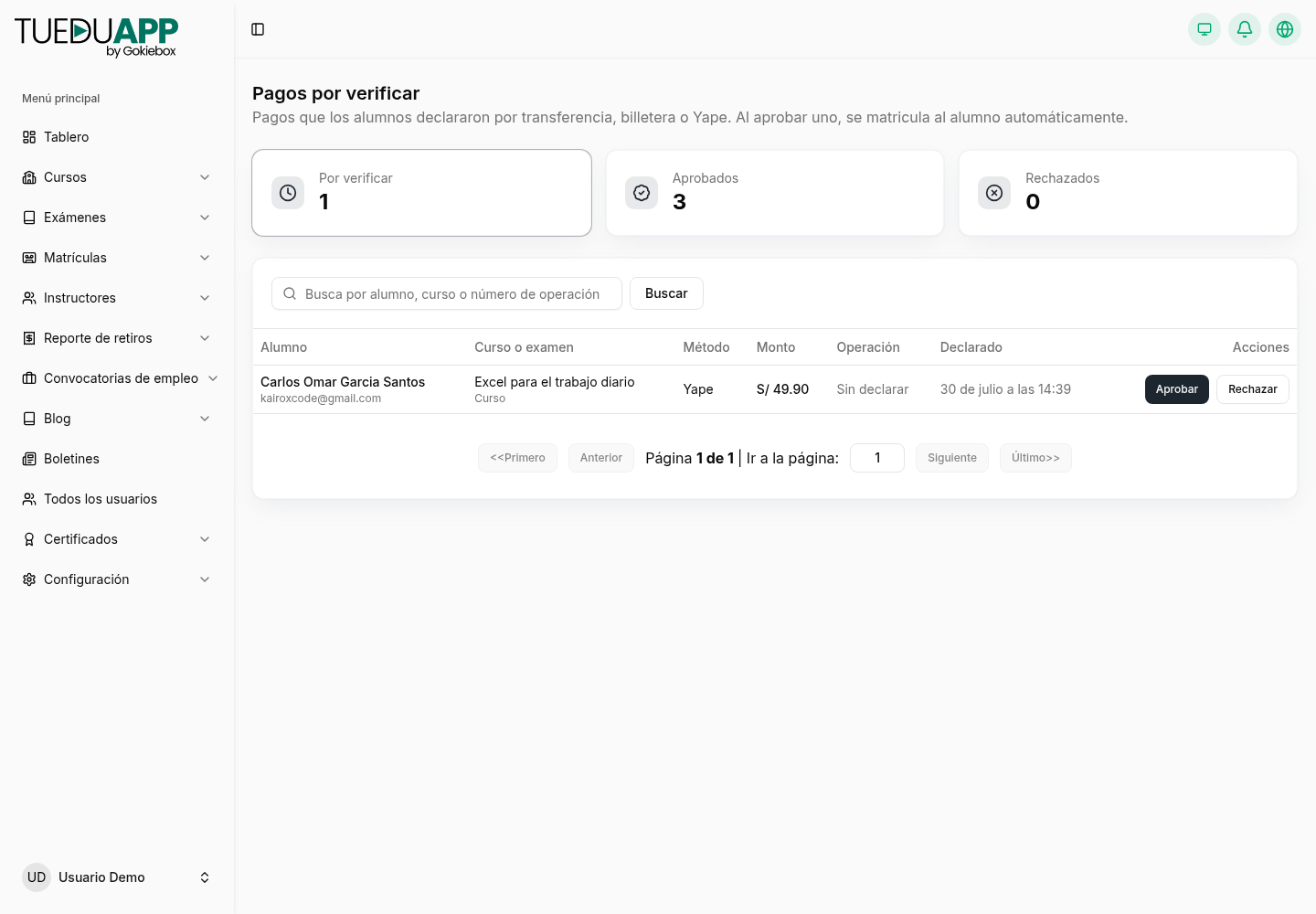 Pantalla de pagos por verificar con los pagos declarados por los alumnos