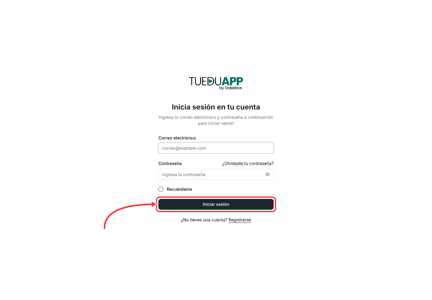 Pantalla de acceso de una academia en TuEduApp con el botón de ingresar señalado con una flecha