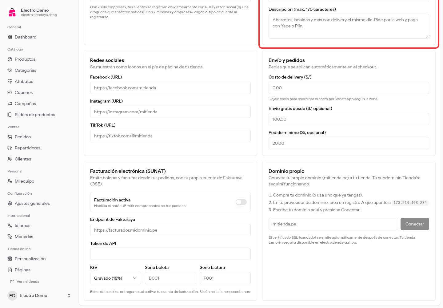 Tarjeta SEO con los campos de título y descripción de la tienda