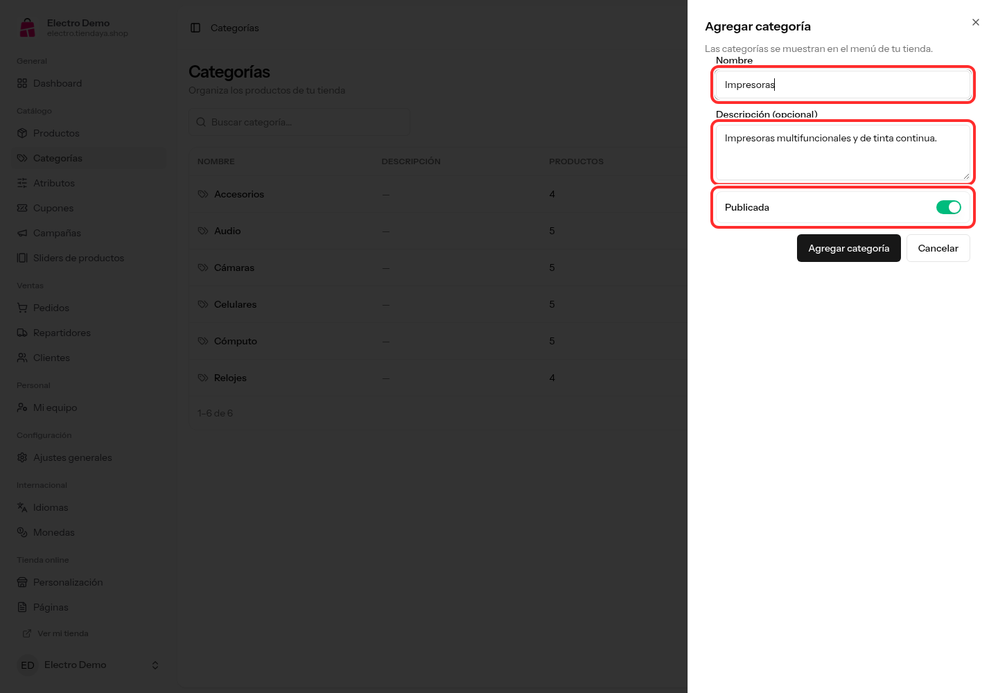 Formulario de categoría con los campos Nombre, Descripción y el interruptor Publicada