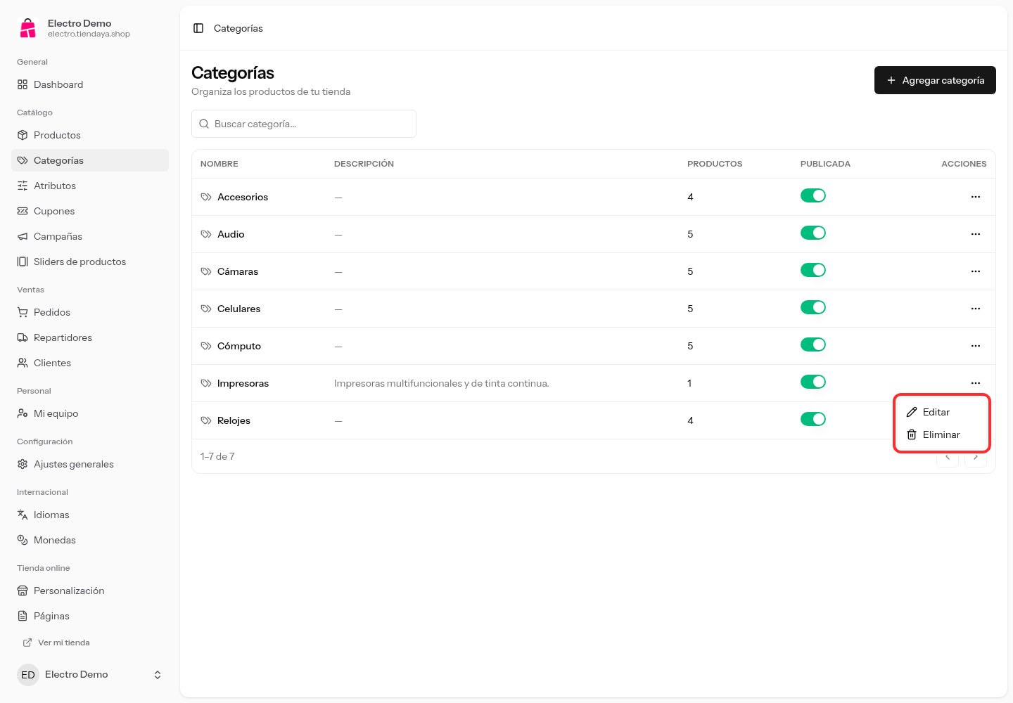 Menú de acciones de una categoría con las opciones Editar y Eliminar