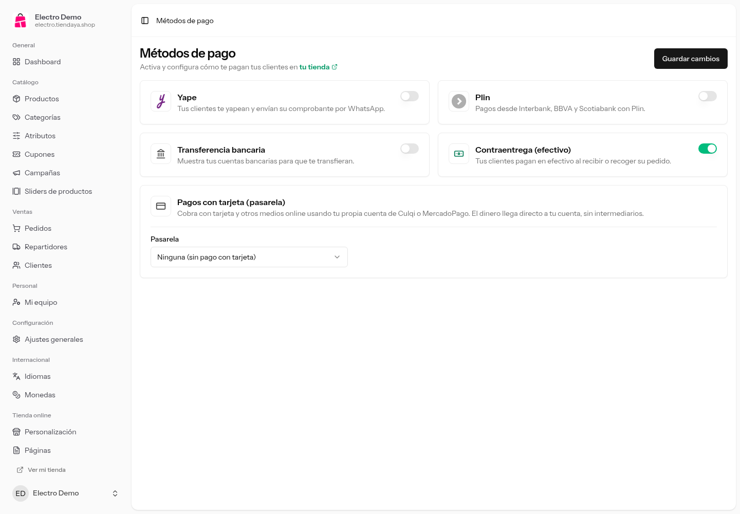Pantalla Métodos de pago con las tarjetas de Yape, Plin, transferencia, contraentrega y pasarela