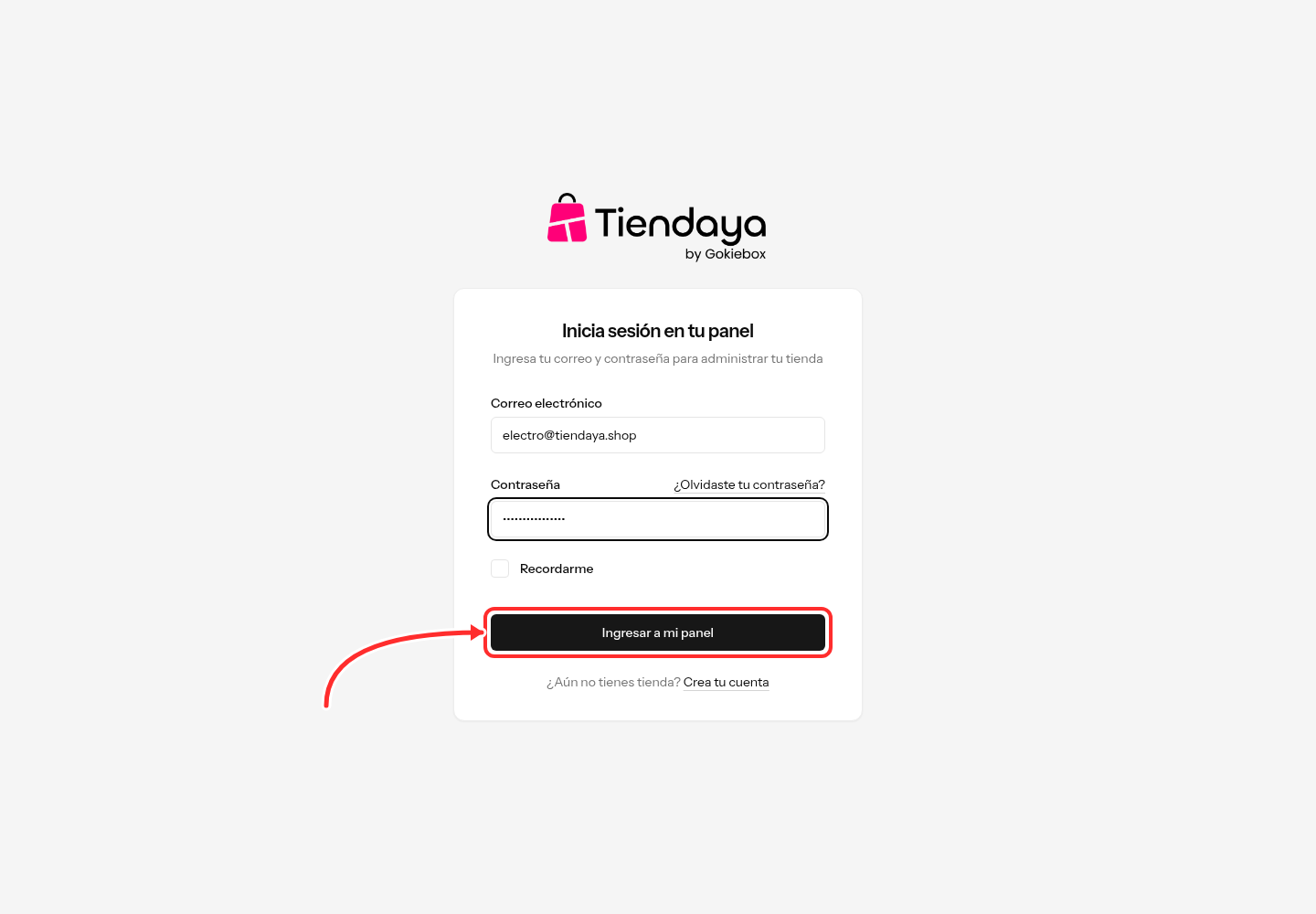 Pantalla de acceso al panel de TiendaYa con el botón Ingresar a mi panel señalado con una flecha