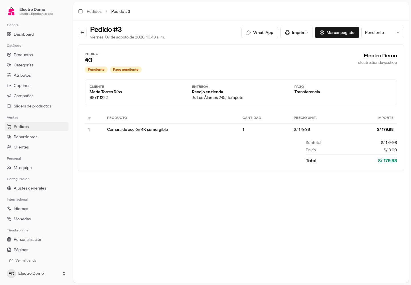 Detalle de un pedido con los datos del cliente, la entrega, el pago y los productos