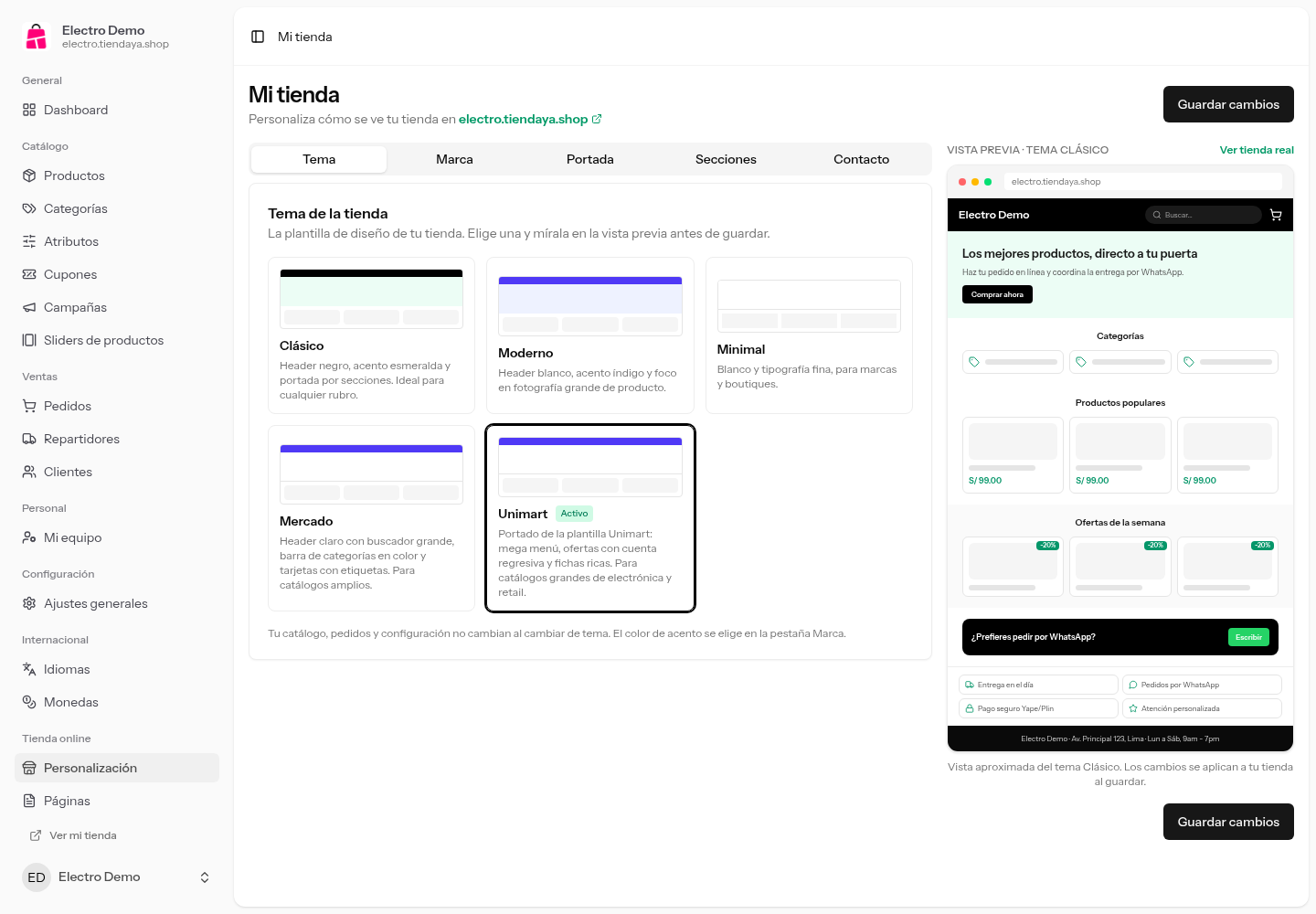 Pestaña Tema de Personalización con las plantillas disponibles y la activa marcada
