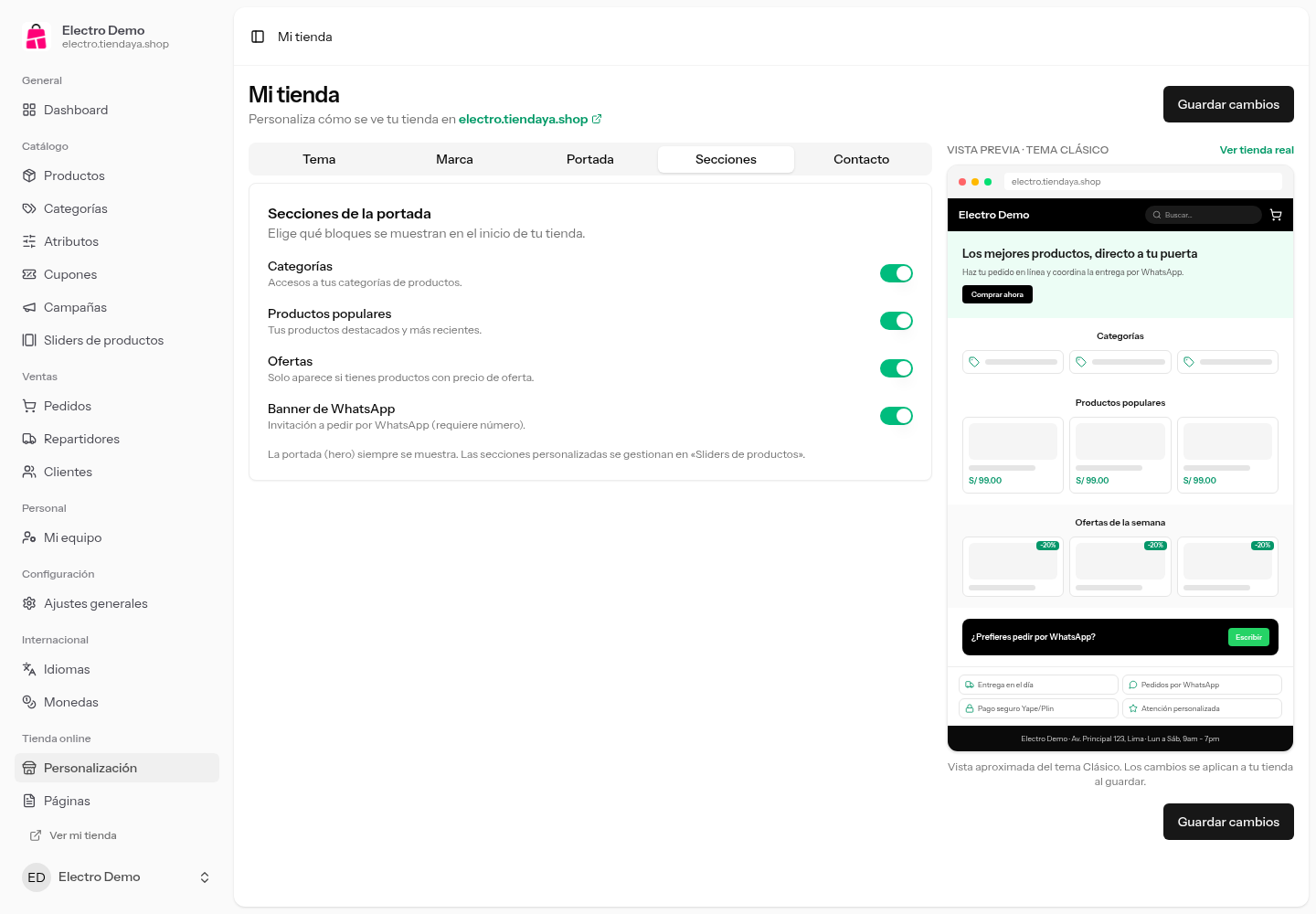 Pestaña Secciones con los interruptores de Categorías, Productos populares, Ofertas y Banner de WhatsApp