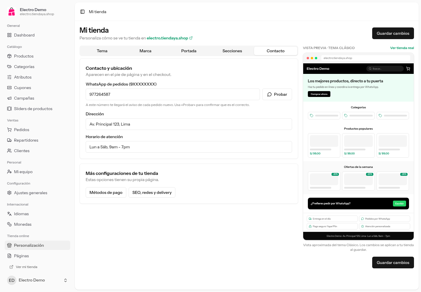 Pestaña Contacto con los campos de WhatsApp, dirección y horario de atención