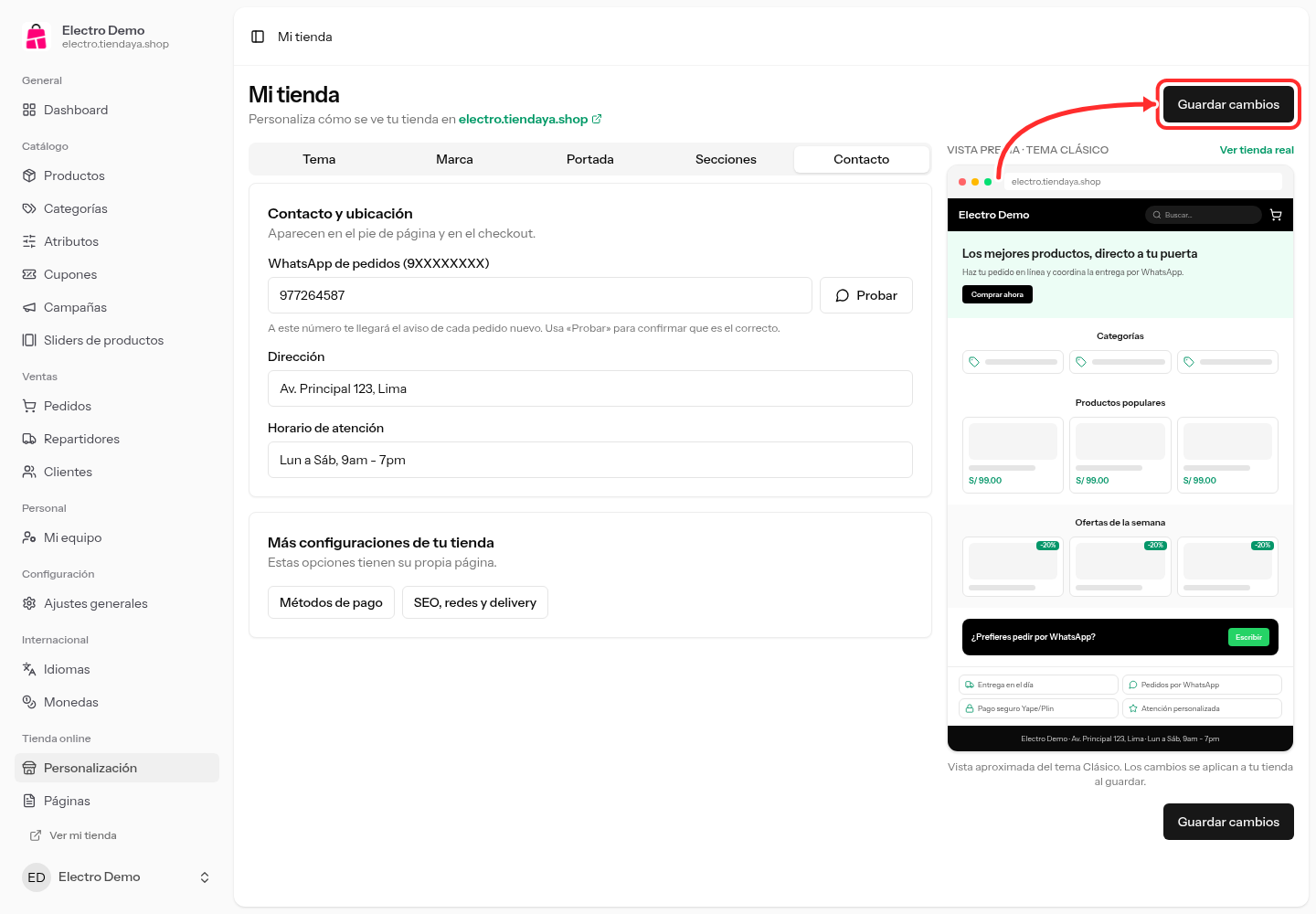 Botón Guardar cambios de la pantalla Personalización señalado con una flecha
