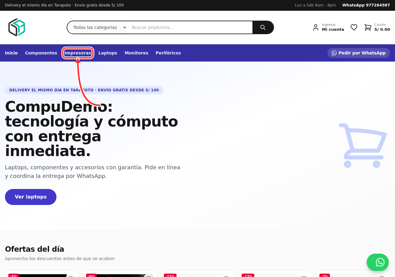 Barra de categorías en la tienda vista por el cliente con la categoría Impresoras señalada