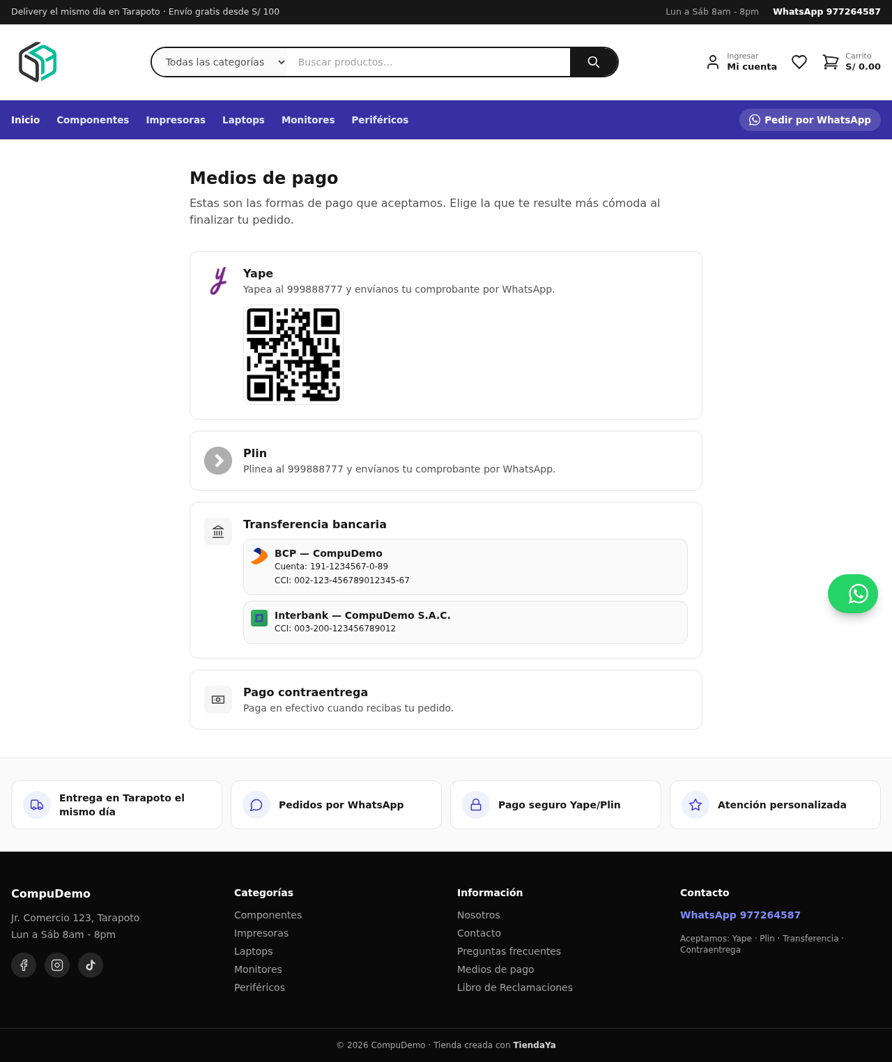 Página Medios de pago de la tienda con los métodos activos