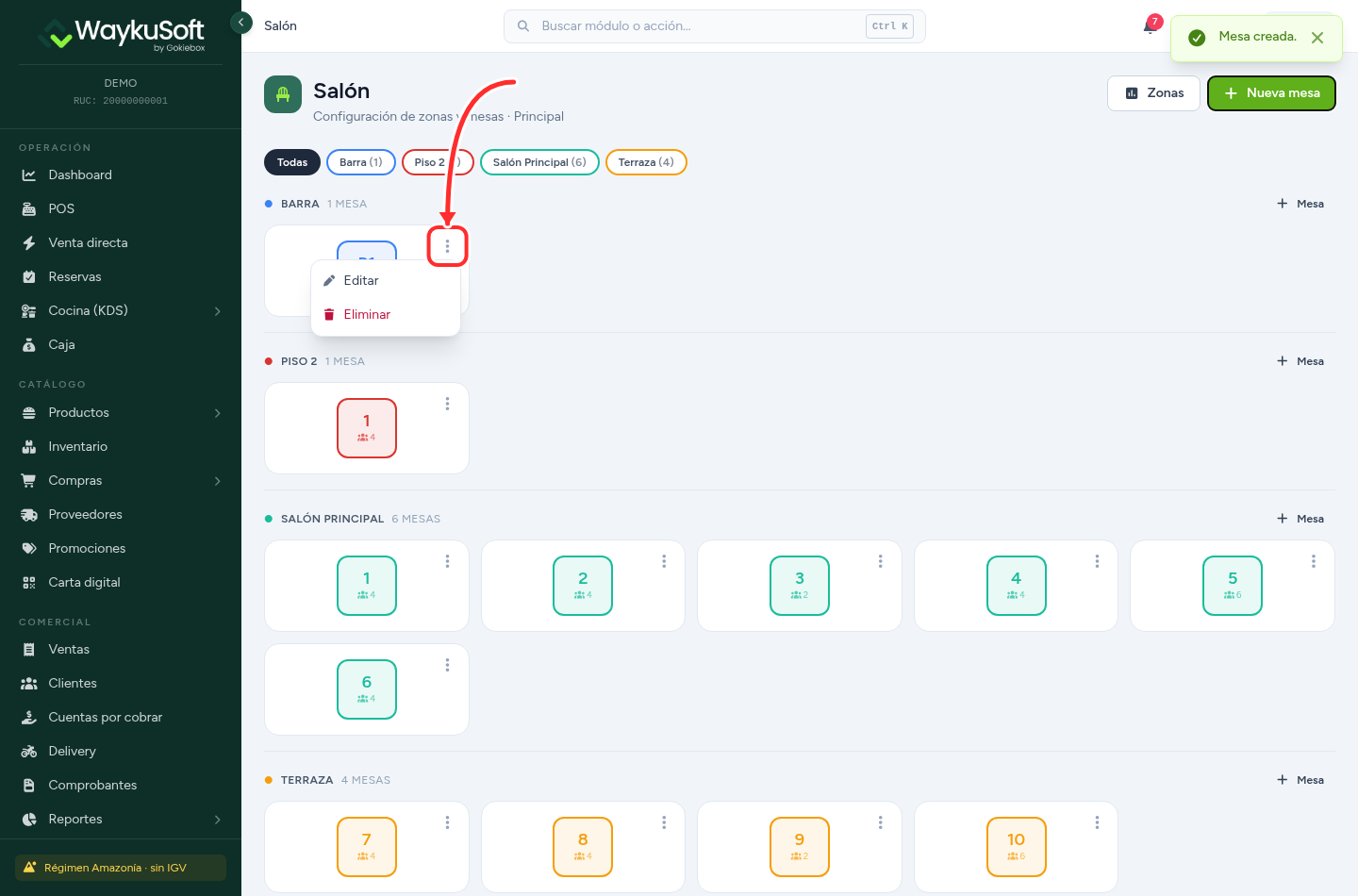 Menú de opciones de una mesa con las acciones Editar y Eliminar