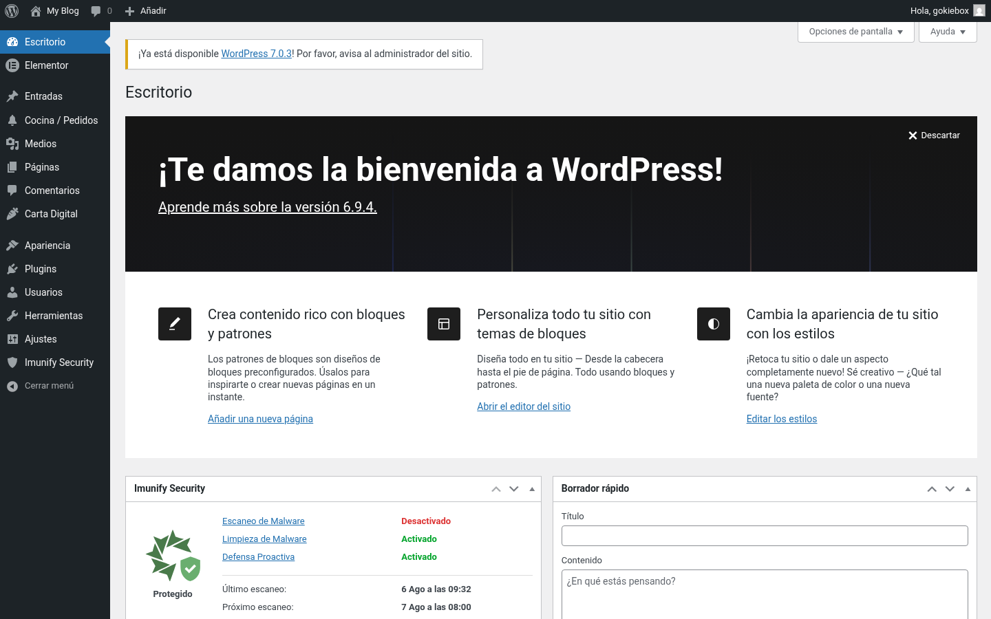 Escritorio de WordPress abierto con la sesión iniciada desde cPanel