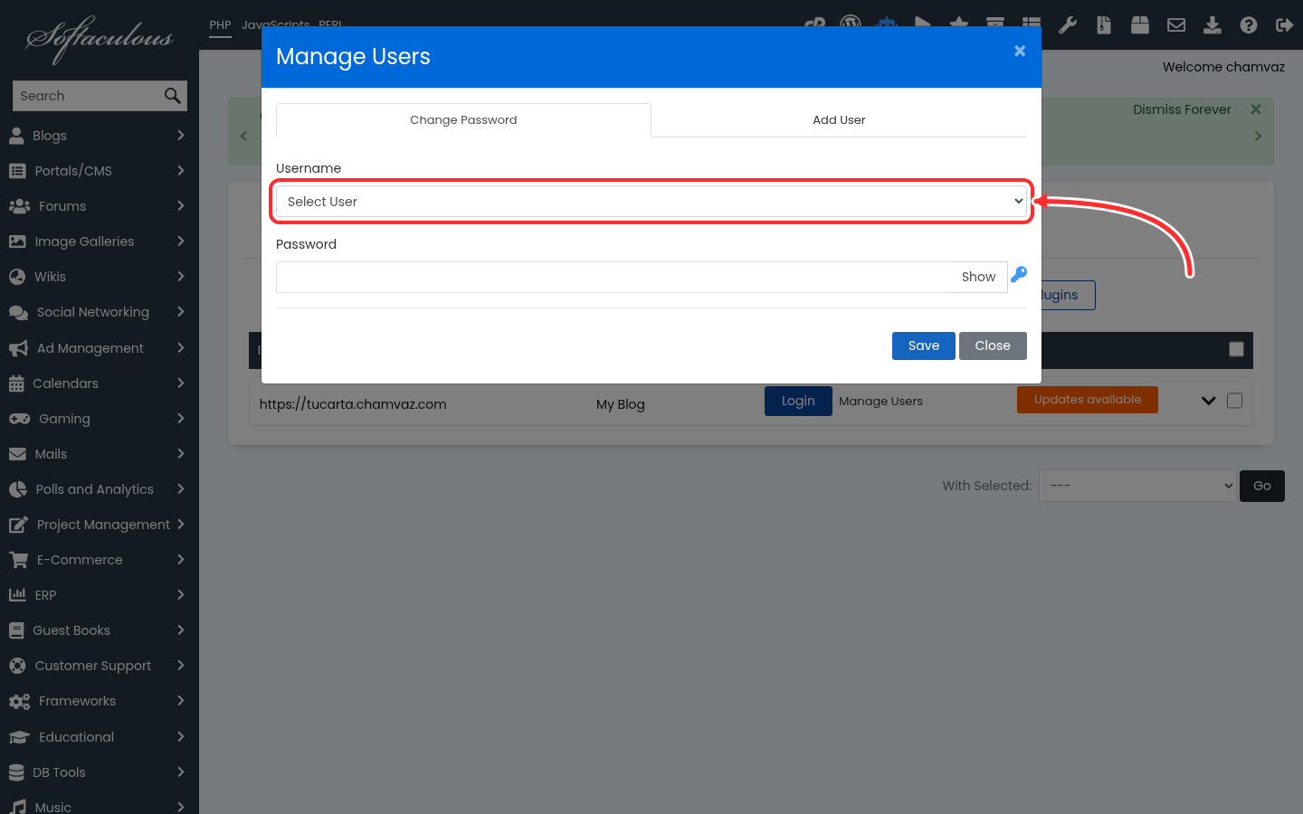 Ventana Manage Users con la pestaña Change Password y la lista de usuarios señalada con una flecha