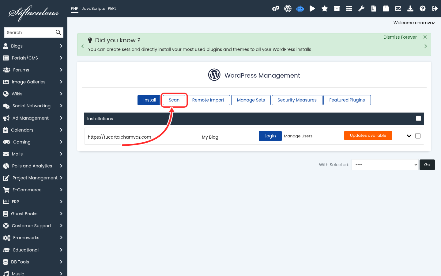 Botón Scan de WordPress Manager señalado con una flecha