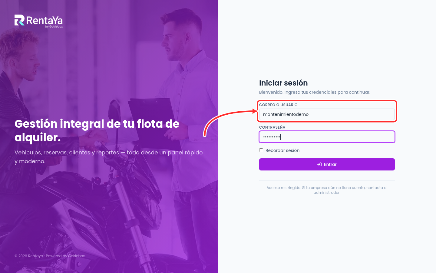 Inicio de sesión de RentaYa con usuario
