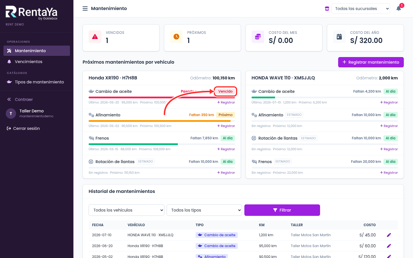 Panel de mantenimientos por vehículo