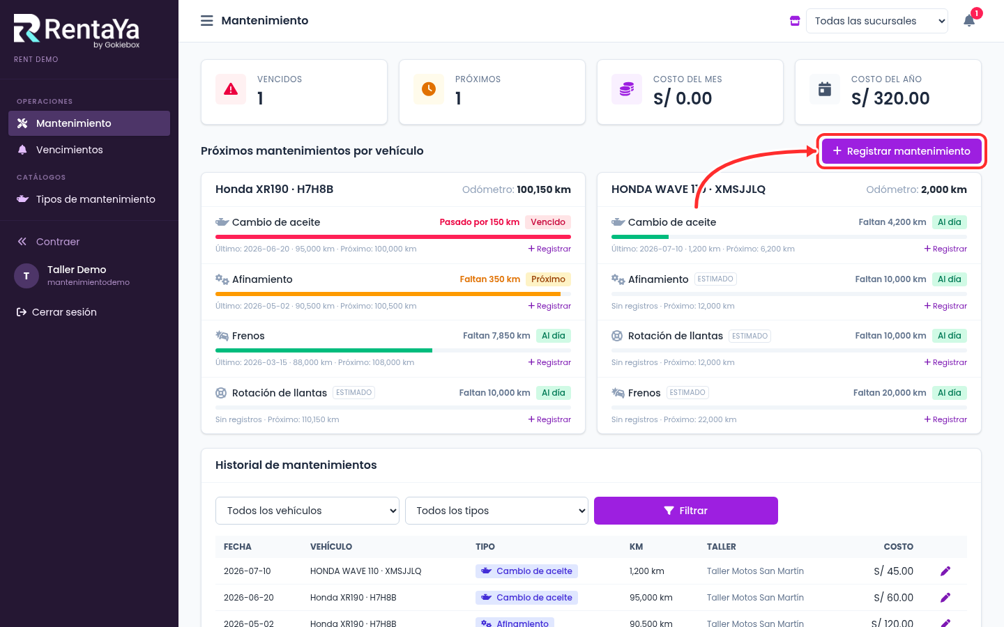Botón Registrar mantenimiento