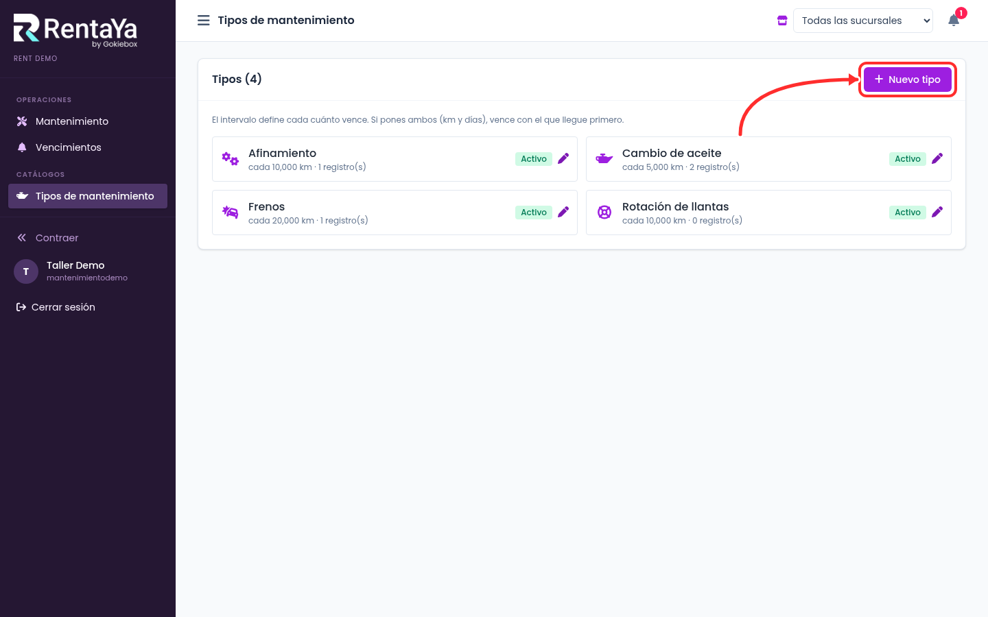 Lista de tipos de mantenimiento