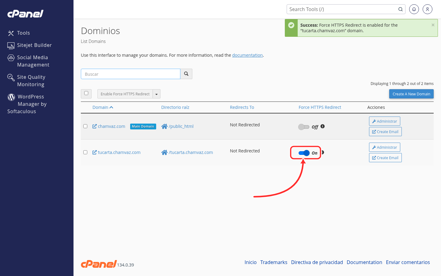 Interruptor Force HTTPS Redirect en On y aviso verde de éxito en cPanel