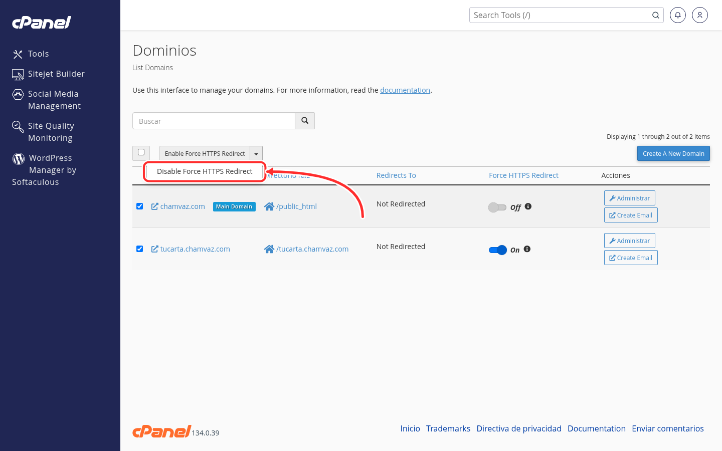 Desplegable con la opción Disable Force HTTPS Redirect señalada con una flecha